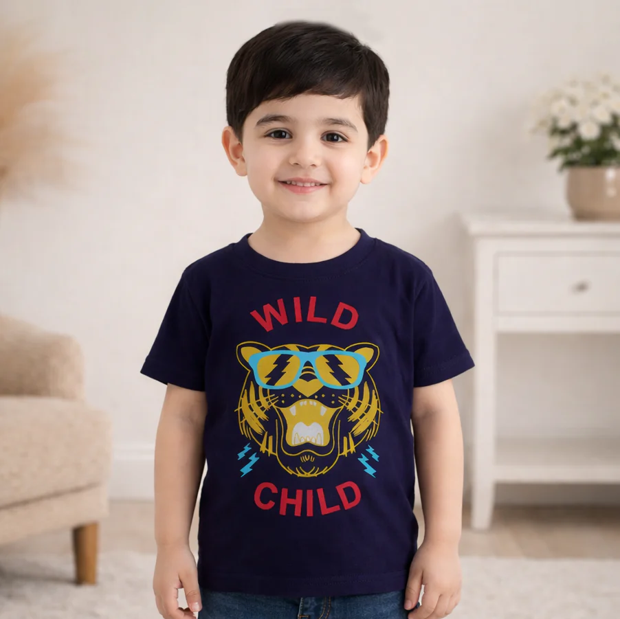 Kids Cotton T-Shirt Wild Child Navy Blue - Mini Champ - Image 2