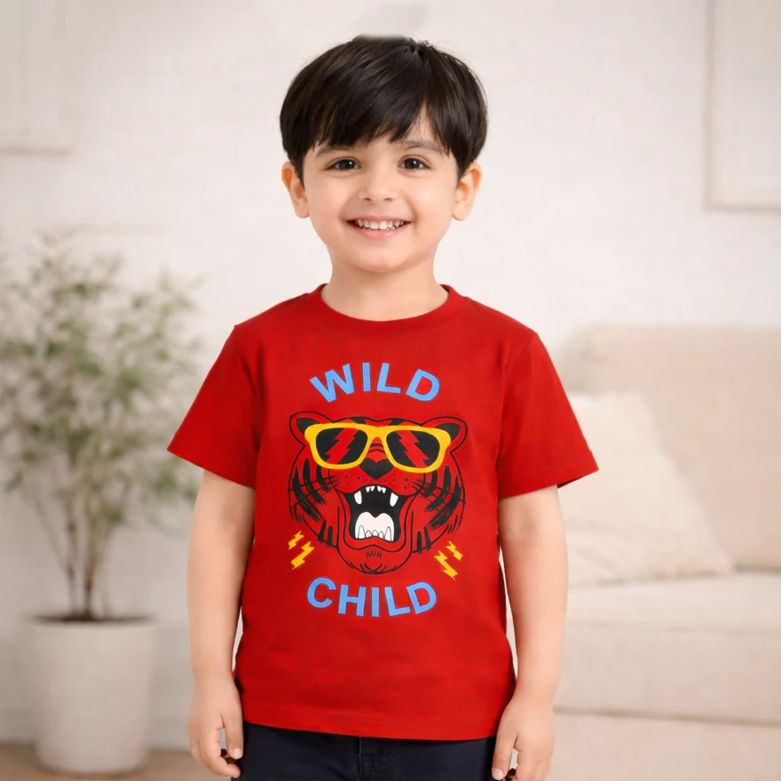 Kids Cotton T-Shirt Wild Child Red - Mini Champ - Image 2