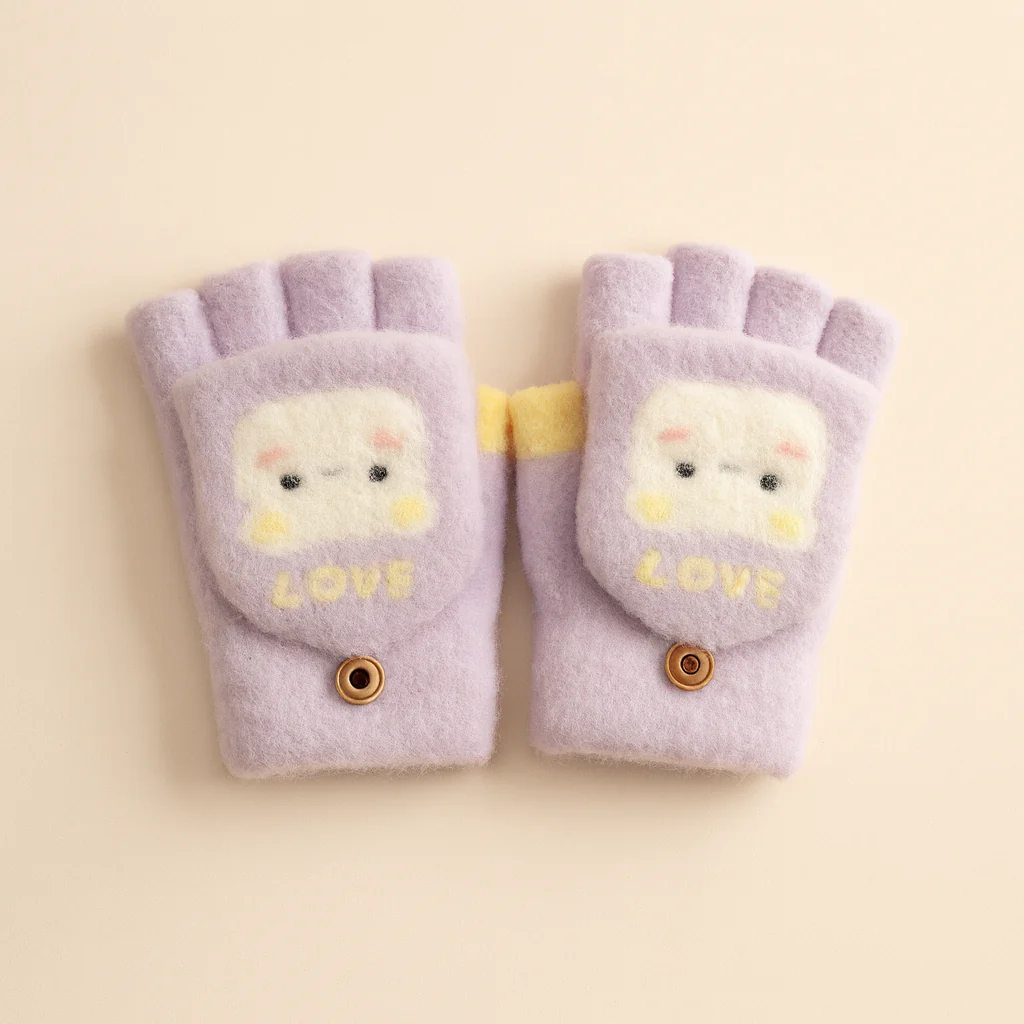 Kids Fleece Half Finger Gloves Kitty Purple - Sunshine