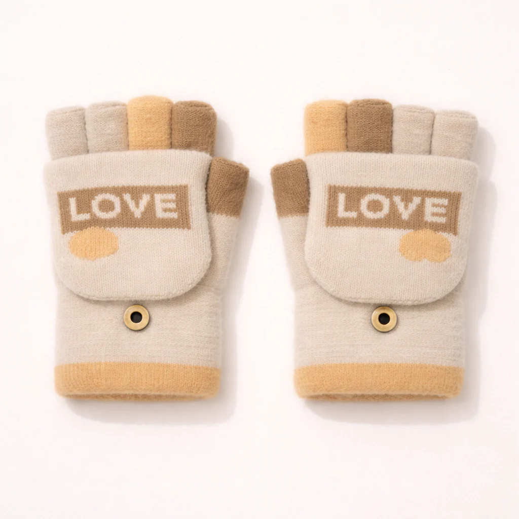 Kids Fleece Half Finger Gloves Love Beige - Sunshine