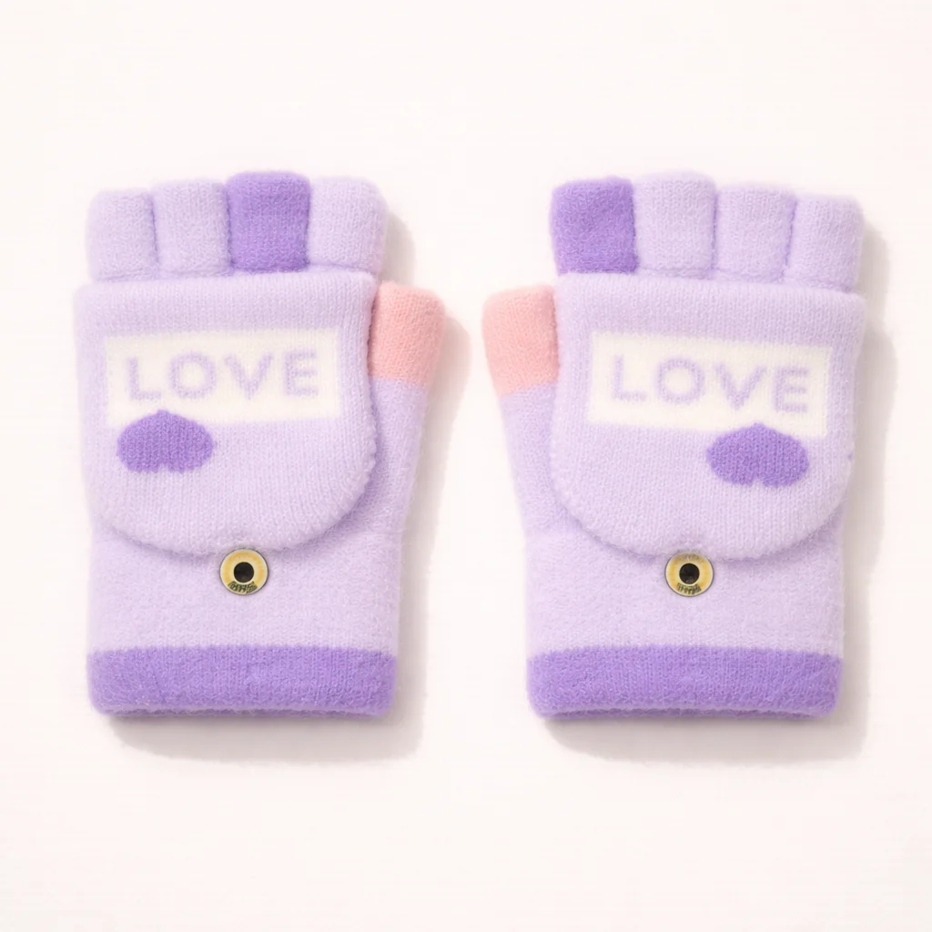 Kids Fleece Half Finger Gloves Love Purple - Sunshine