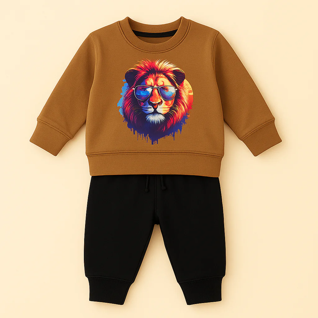 Kids Fleece Tracksuit Lion Brown & Black - Oolaa