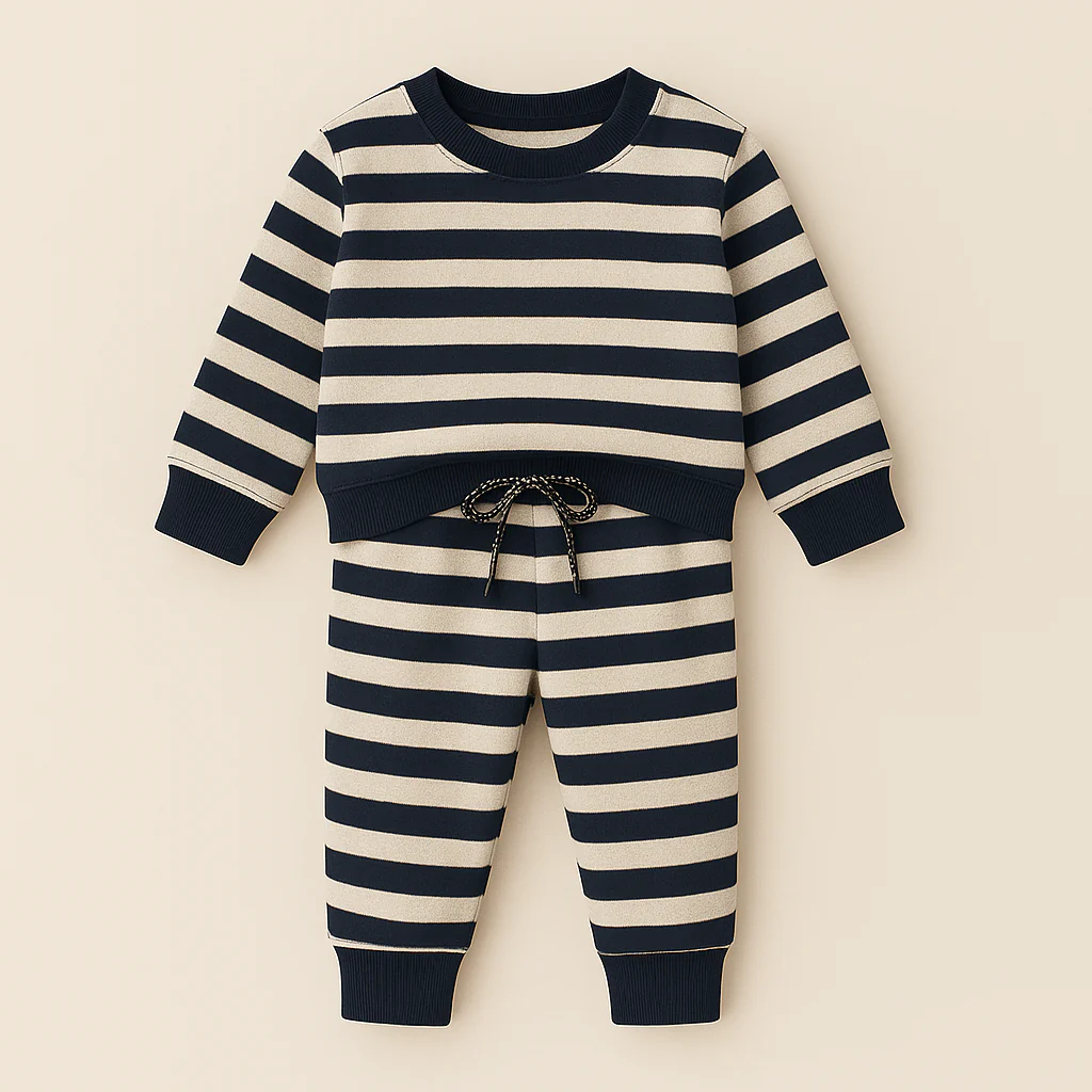 Kids Fleece Tracksuit Stripes Navy Blue & Grey - Mini Charm