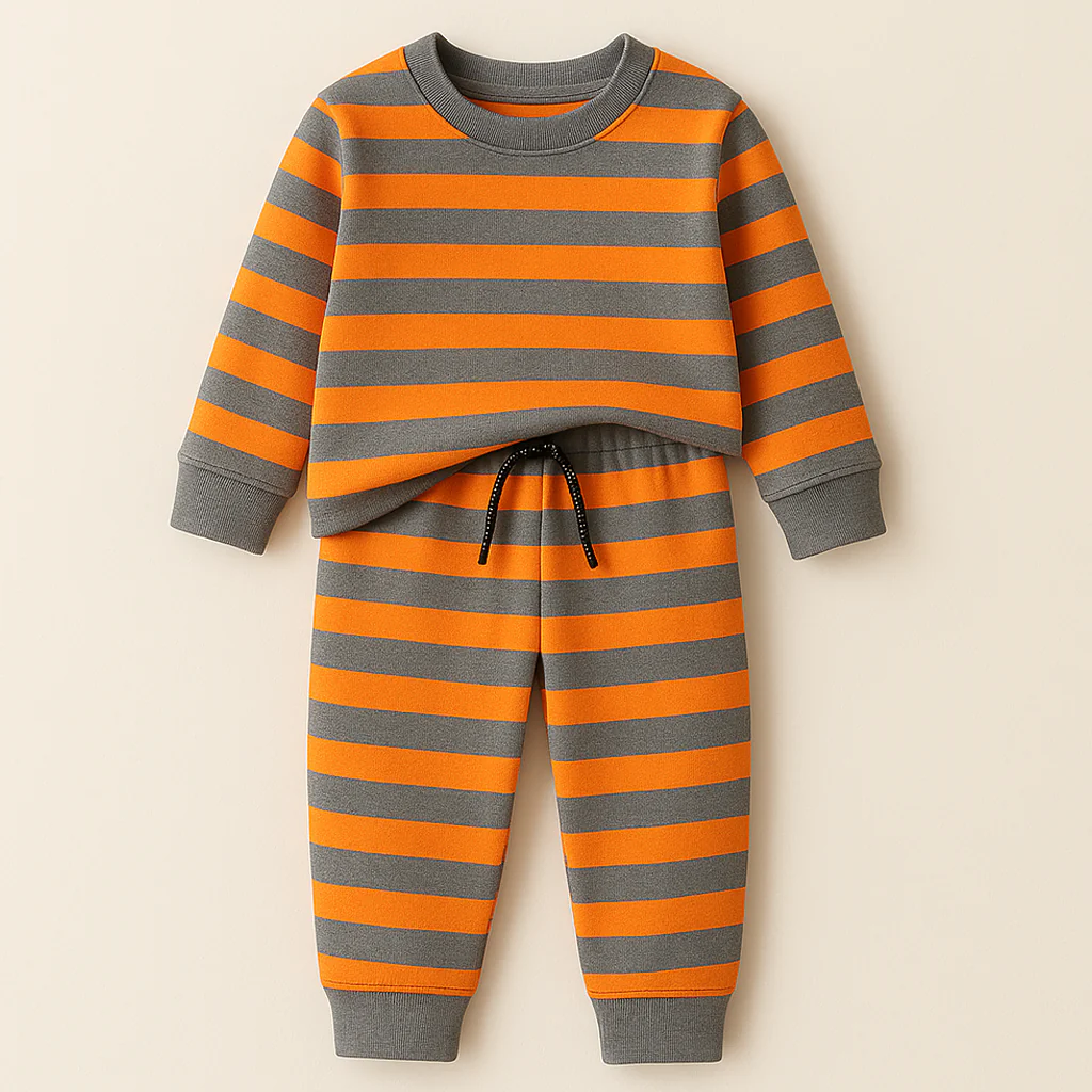 Kids Fleece Tracksuit Stripes Orange & Grey - Mini Charm