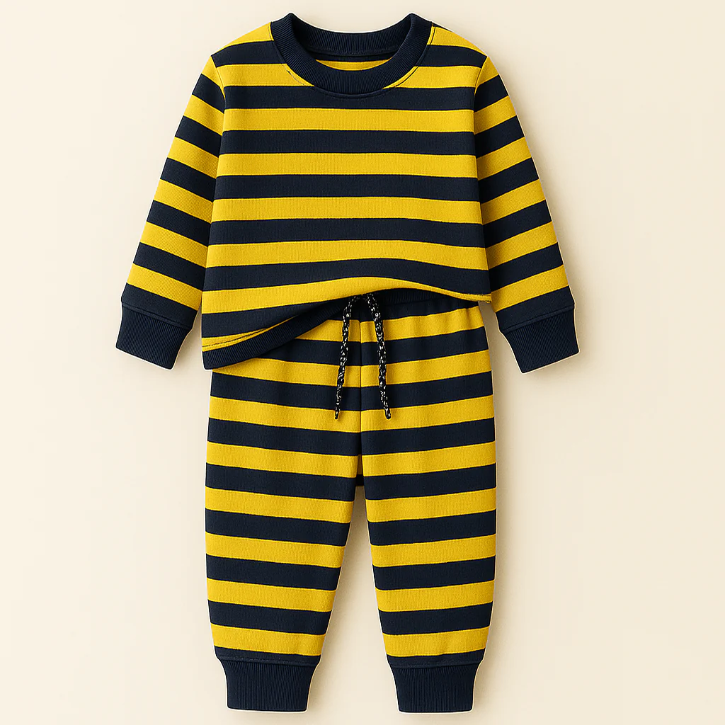 Kids Fleece Tracksuit Stripes Yellow & Navy Blue - Mini Charm