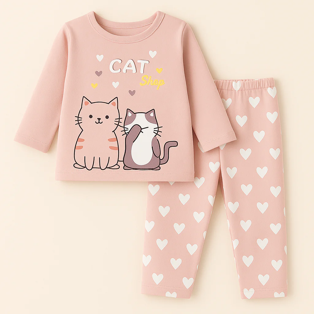 Kids Full-Sleeves Pajama Set Cat Peach - Sunshine