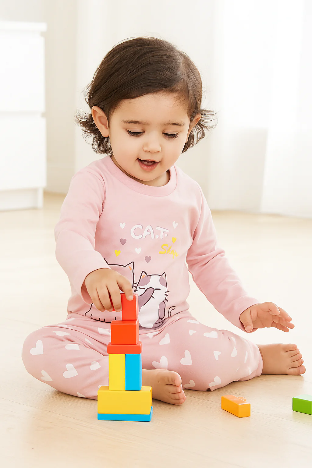 Kids Full-Sleeves Pajama Set Cat Peach - Sunshine - Image 3