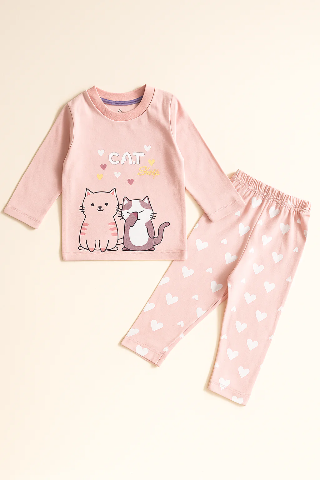 Kids Full-Sleeves Pajama Set Cat Peach - Sunshine - Image 4