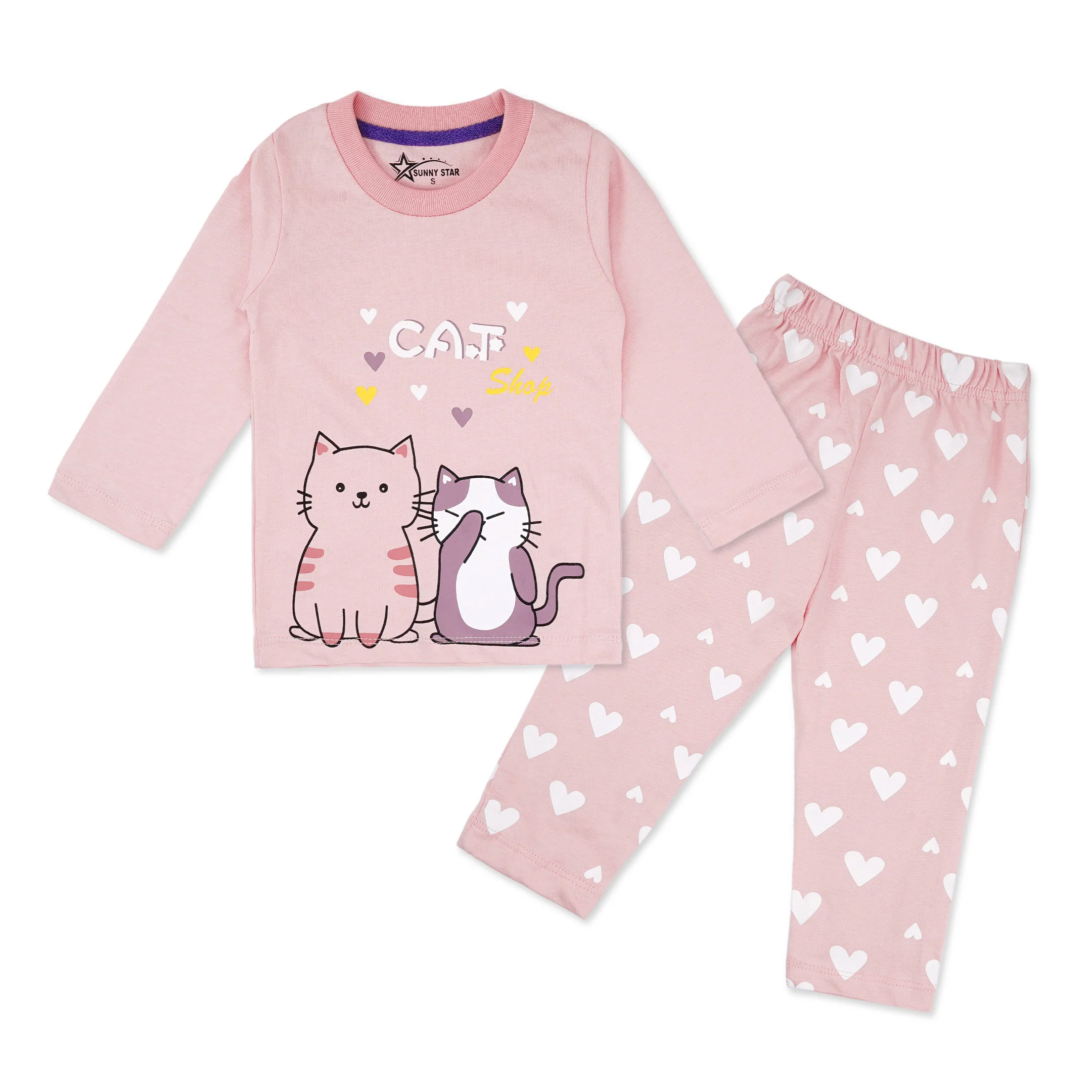 Kids Full-Sleeves Pajama Set Cat Peach - Sunshine - Image 5