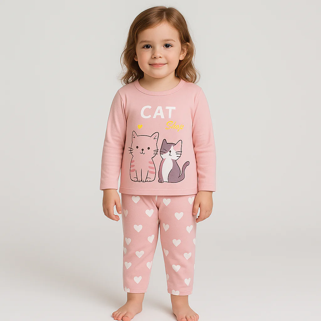 Kids Full-Sleeves Pajama Set Cat Peach - Sunshine - Image 9