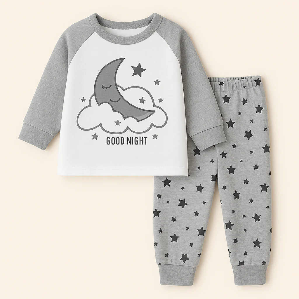Kids Full-Sleeves Pajama Set Moon White - Mini Charm