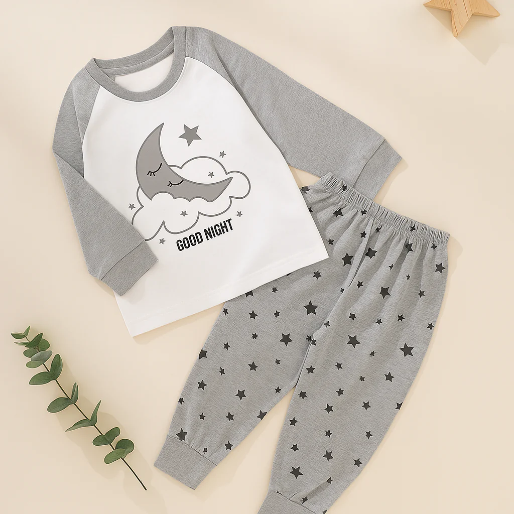 Kids Full-Sleeves Pajama Set Moon White - Mini Charm - Image 4
