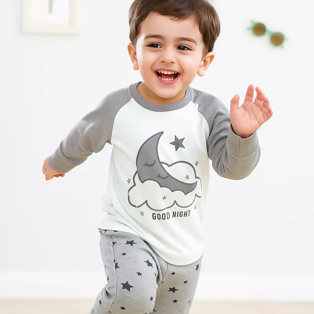 Kids Full-Sleeves Pajama Set Moon White - Mini Charm - Image 5