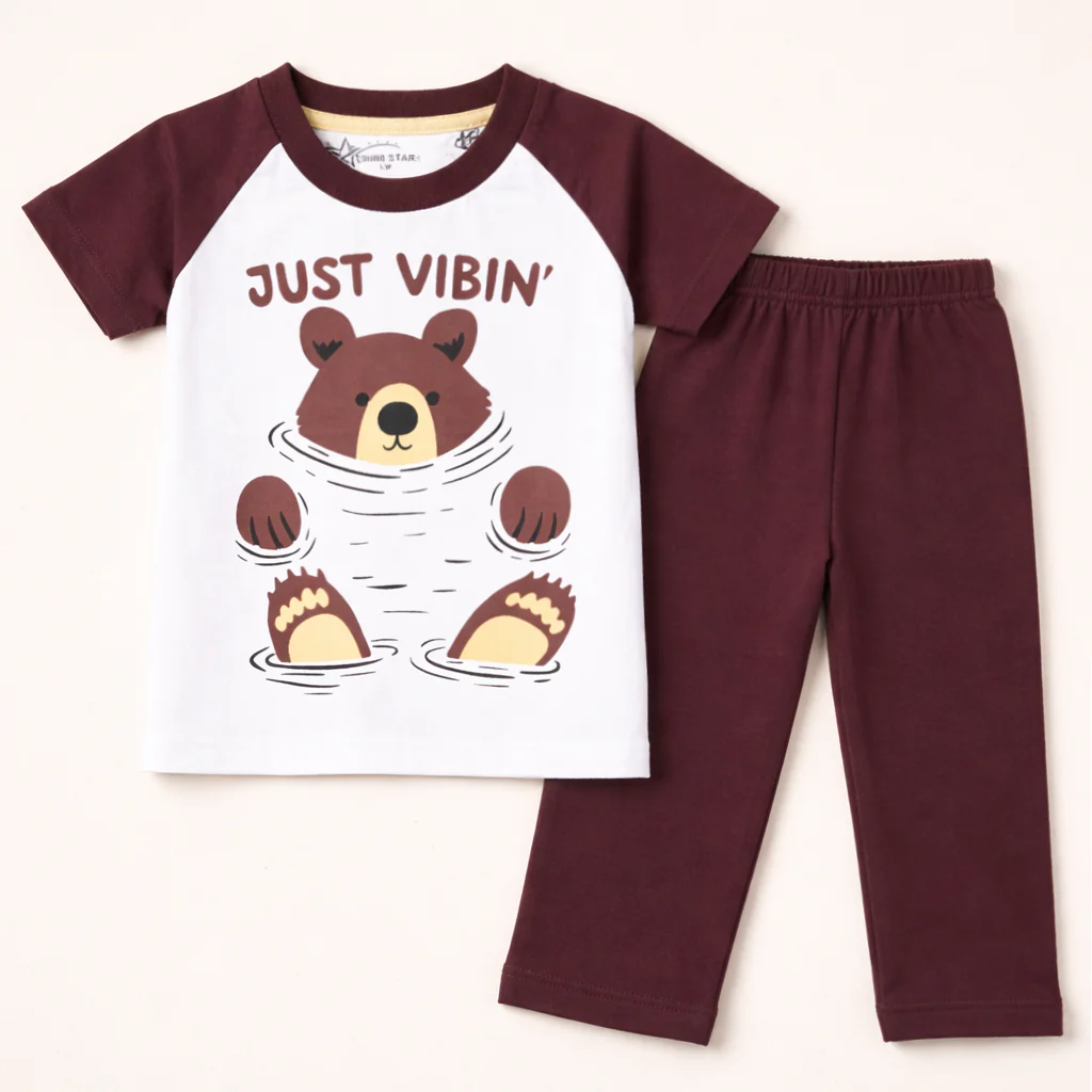 Kids Half Sleeves Printed Pajama Set Bear Maroon - Sunshine