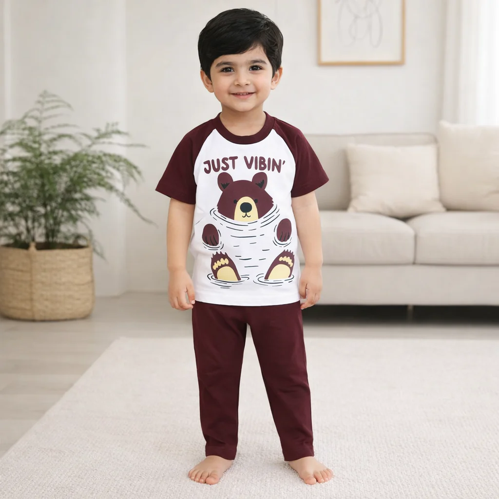 Kids Half Sleeves Printed Pajama Set Bear Maroon - Sunshine - Image 2