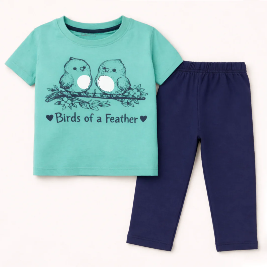 Kids Half Sleeves Printed Pajama Set Birds Green - Sunshine