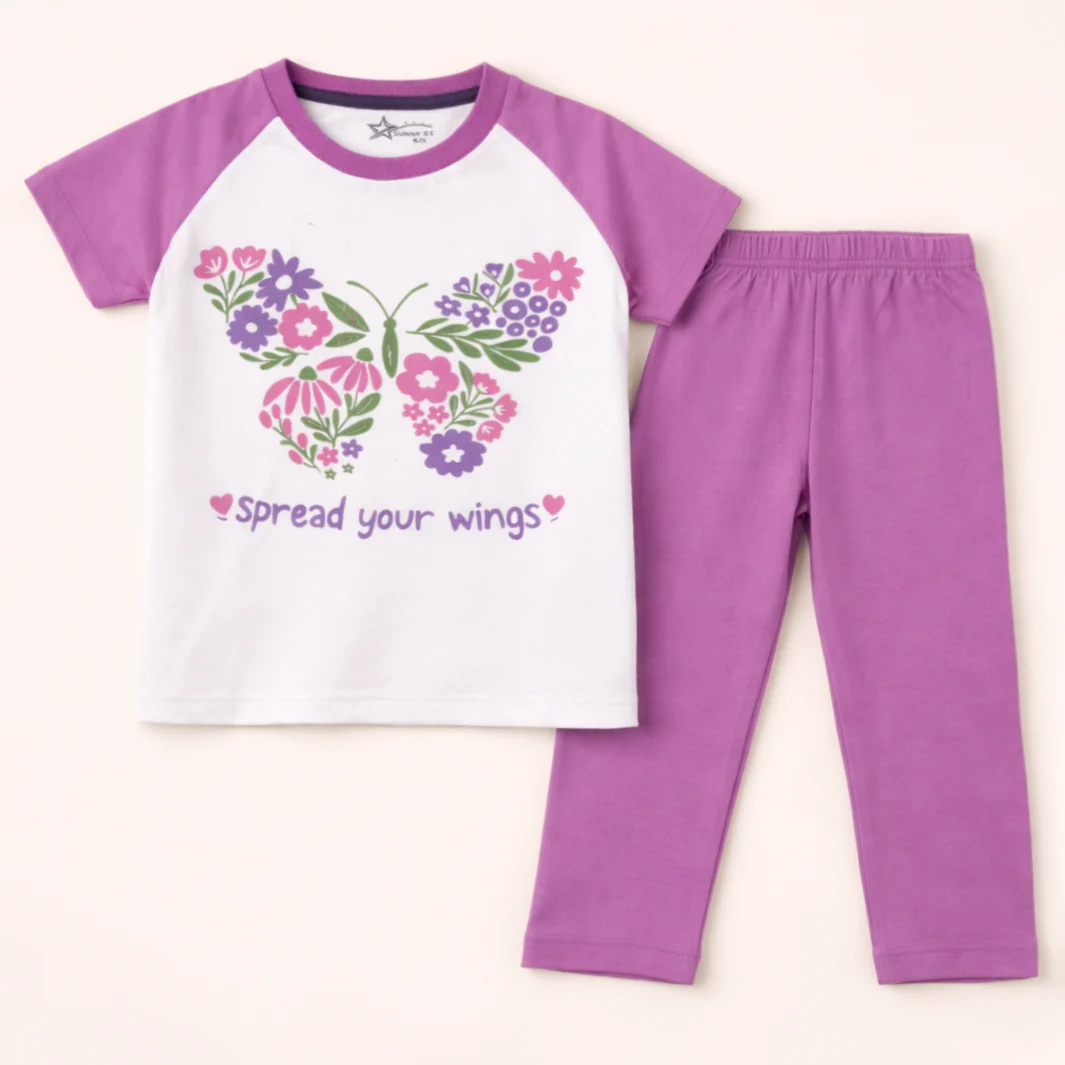 Kids Half Sleeves Printed Pajama Set Butterfly Purple - Sunshine