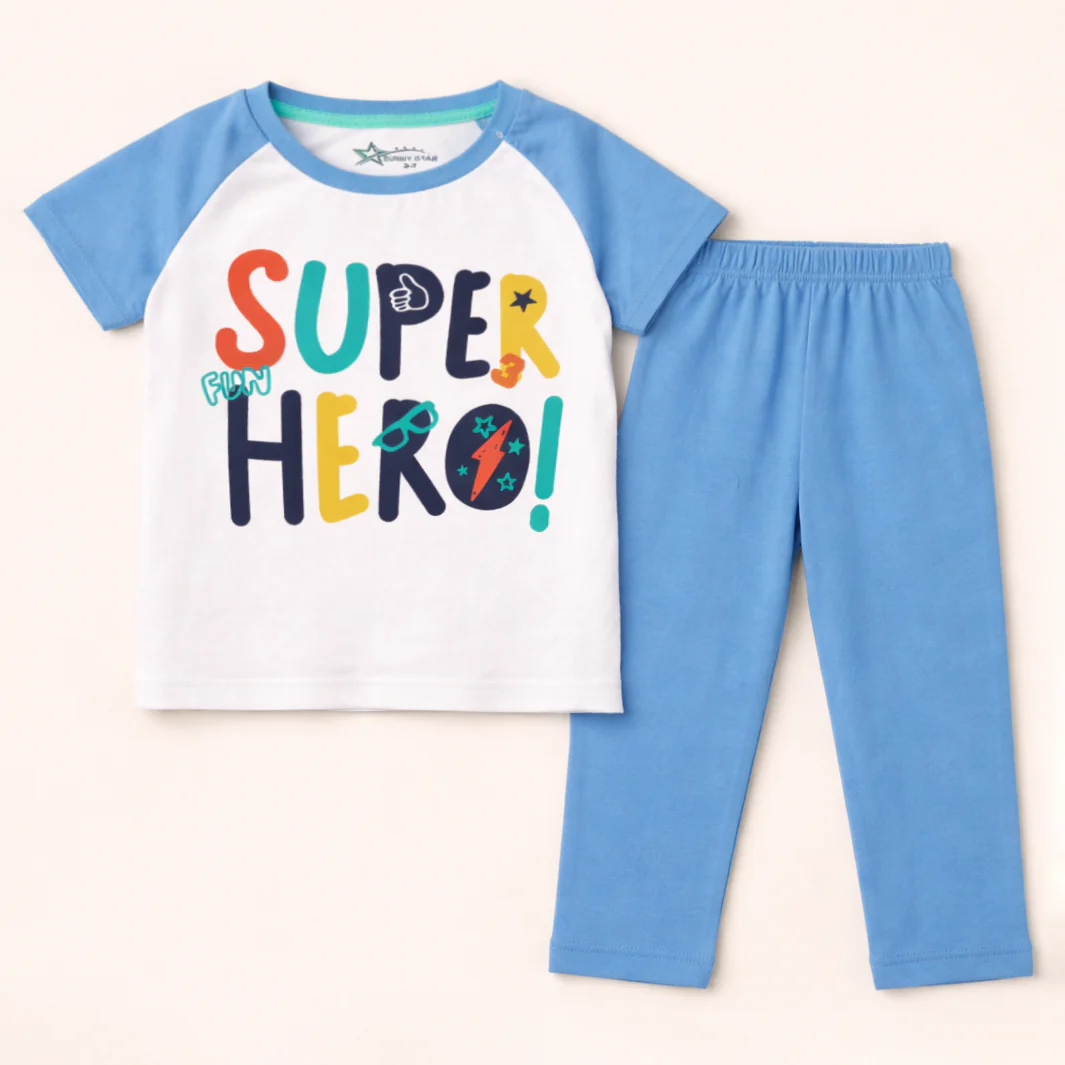 Kids Half Sleeves Printed Pajama Set Hero White - Sunshine