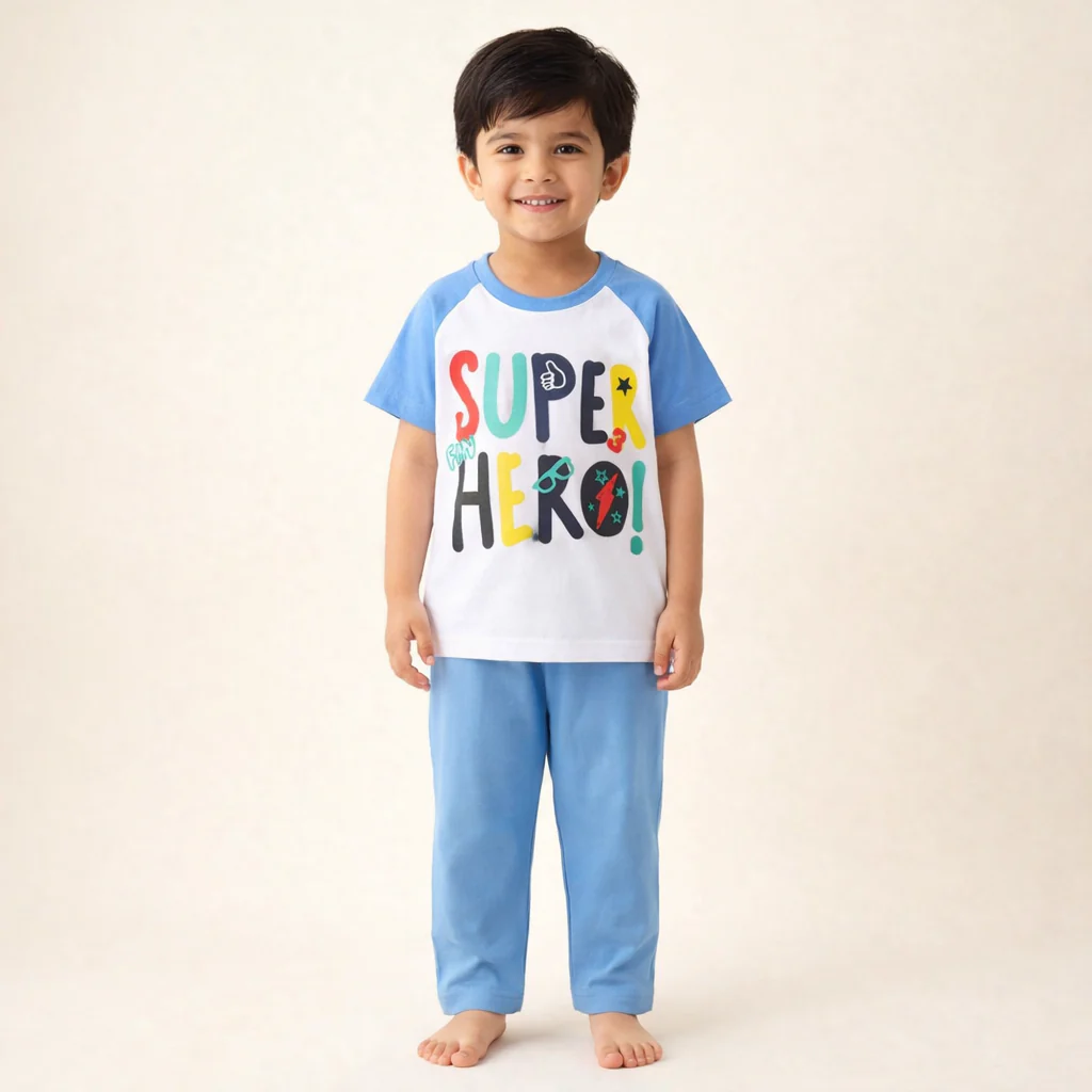 Kids Half Sleeves Printed Pajama Set Hero White - Sunshine - Image 2