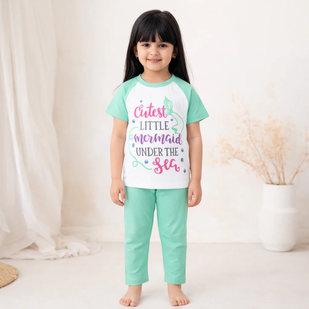 Kids Half Sleeves Printed Pajama Set Mermaid Green - Sunshine - Image 2