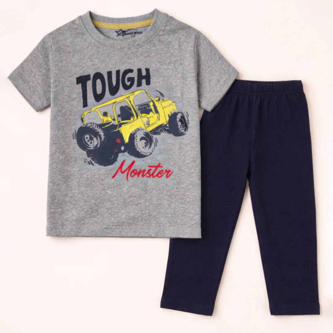 Kids Half Sleeves Printed Pajama Set Monster Jeep Grey - Sunshine