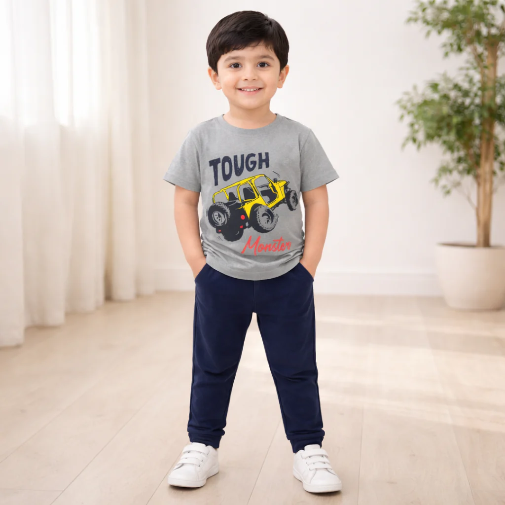 Kids Half Sleeves Printed Pajama Set Monster Jeep Grey - Sunshine - Image 2