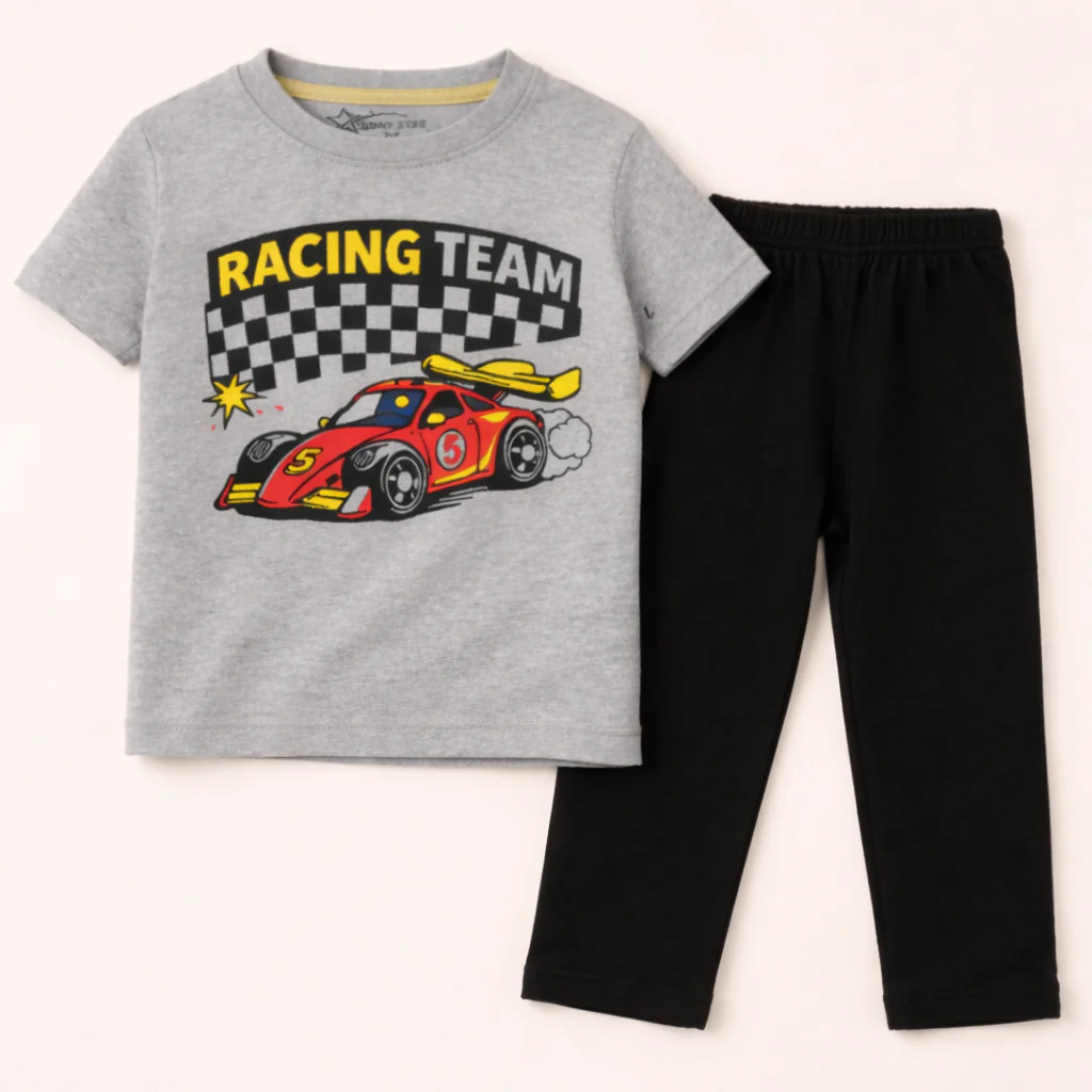 Kids Half Sleeves Printed Pajama Set Racing Team Grey - Sunshine