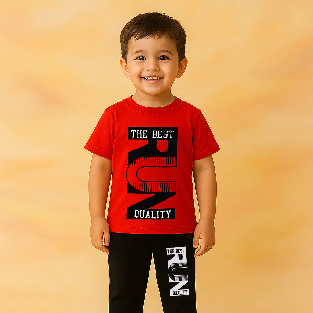 Kids Half Sleeves Printed Pajama Set Run Black & Red - Sunshine - Image 2