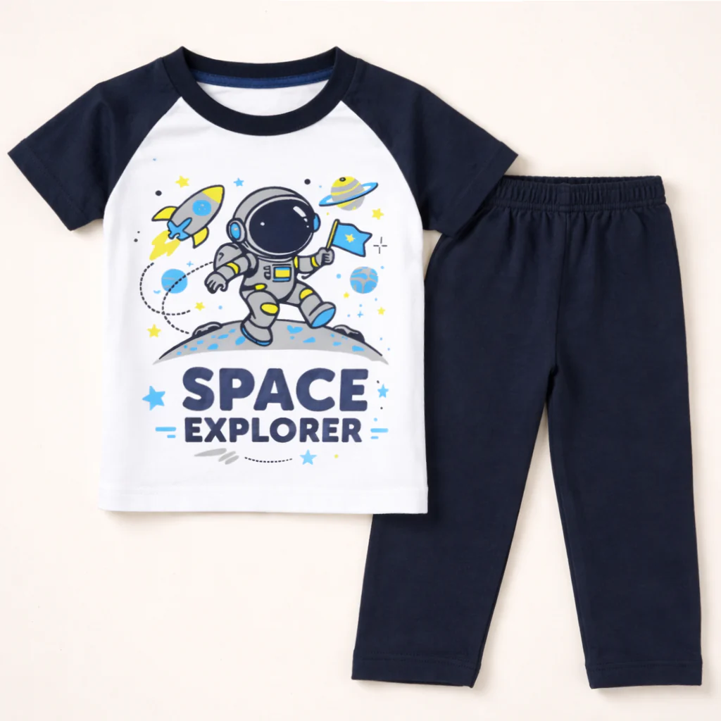 Kids Half Sleeves Printed Pajama Set Space Explorer Blue - Sunshine