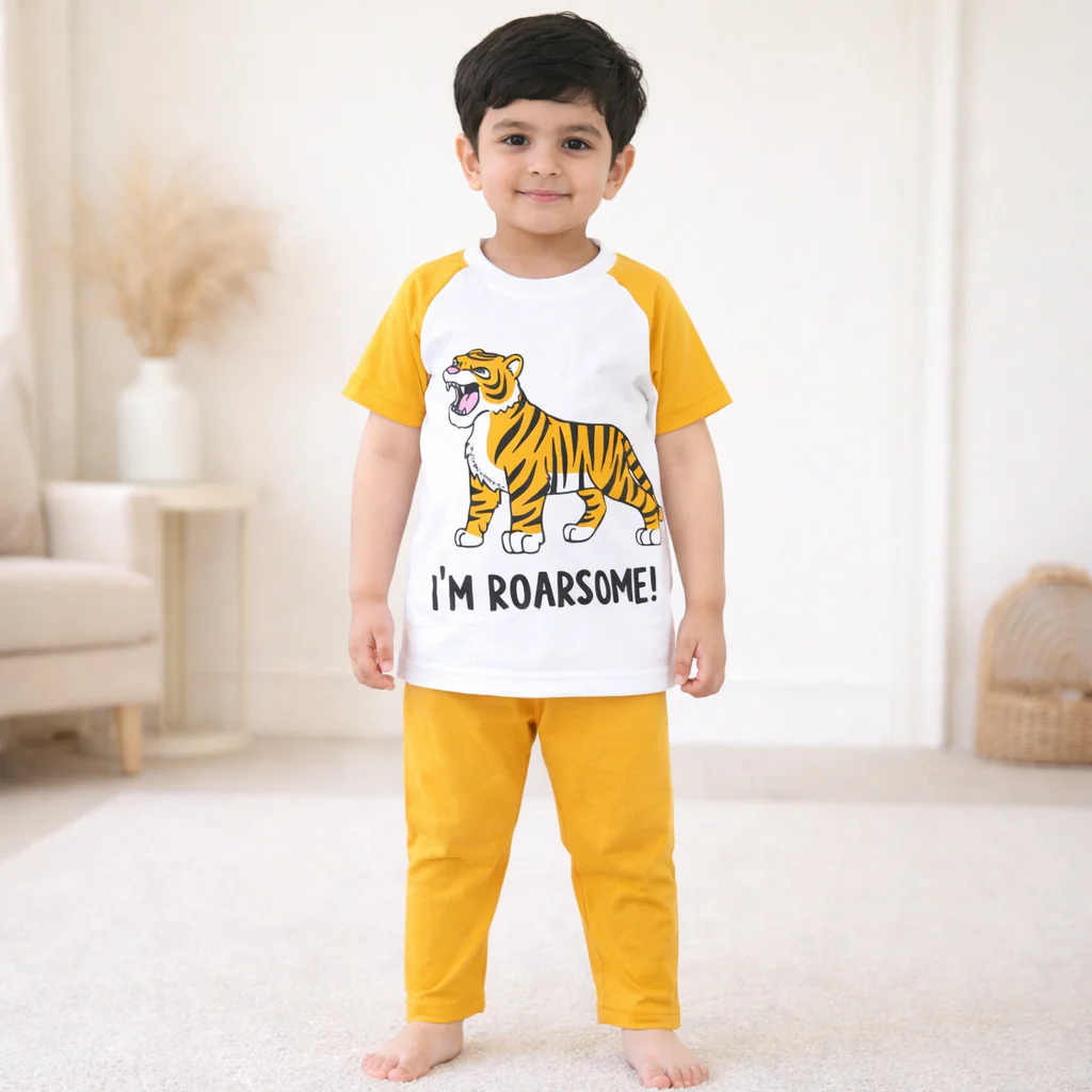 Kids Half Sleeves Printed Pajama Set Tiger Mustard - Sunshine - Image 2