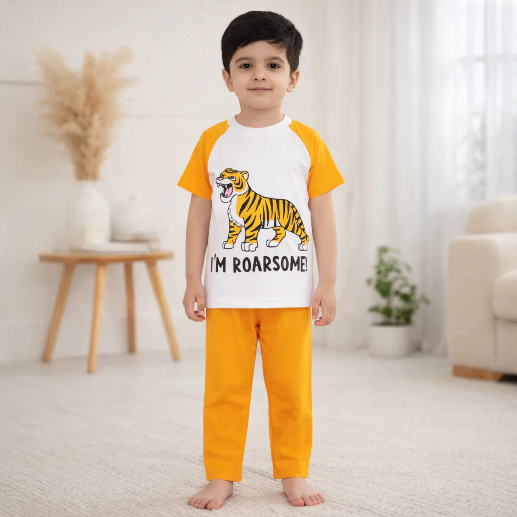 Kids Half Sleeves Printed Pajama Set Tiger Orange - Sunshine - Image 2