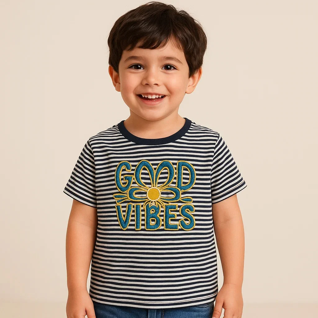 Kids Half-Sleeves T-Shirt Good Vibes Stripes Navy Blue - Mini Charm