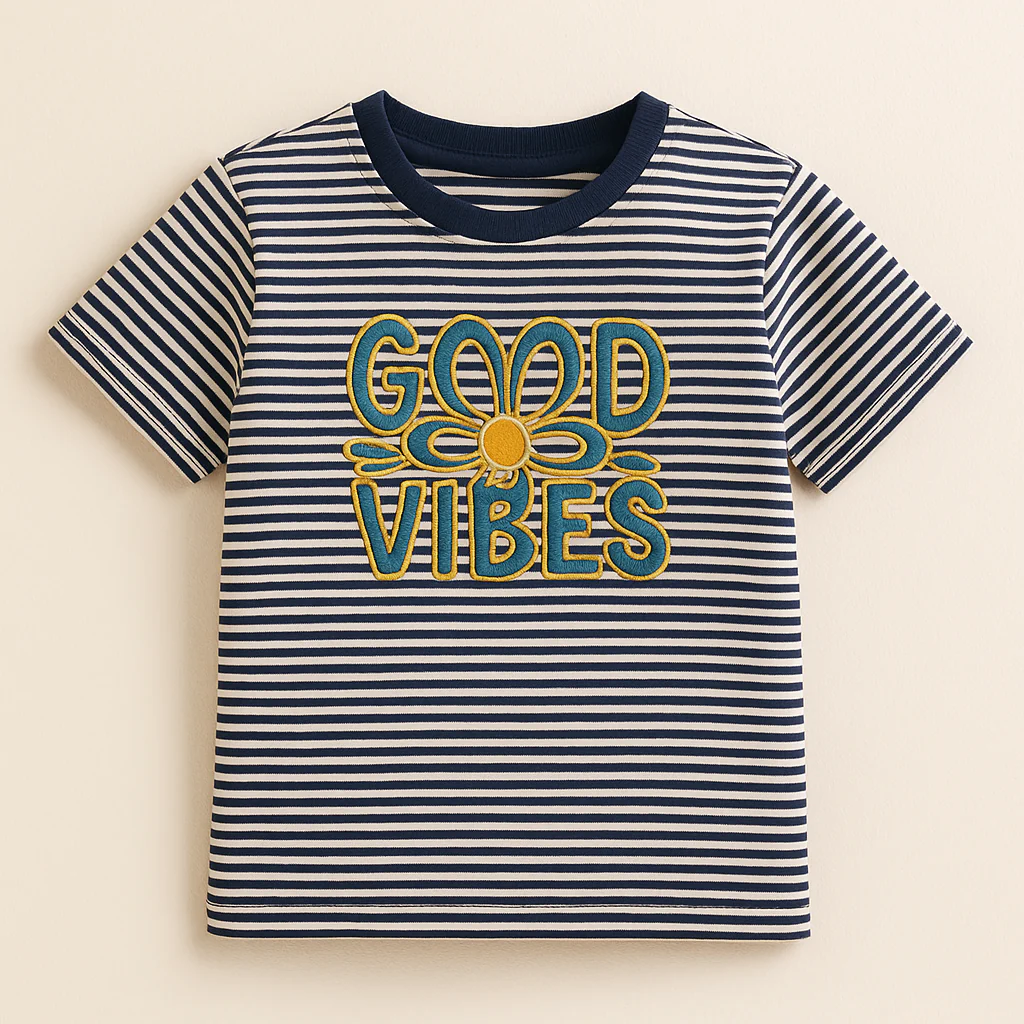 Kids Half-Sleeves T-Shirt Good Vibes Stripes Navy Blue - Mini Charm - Image 2