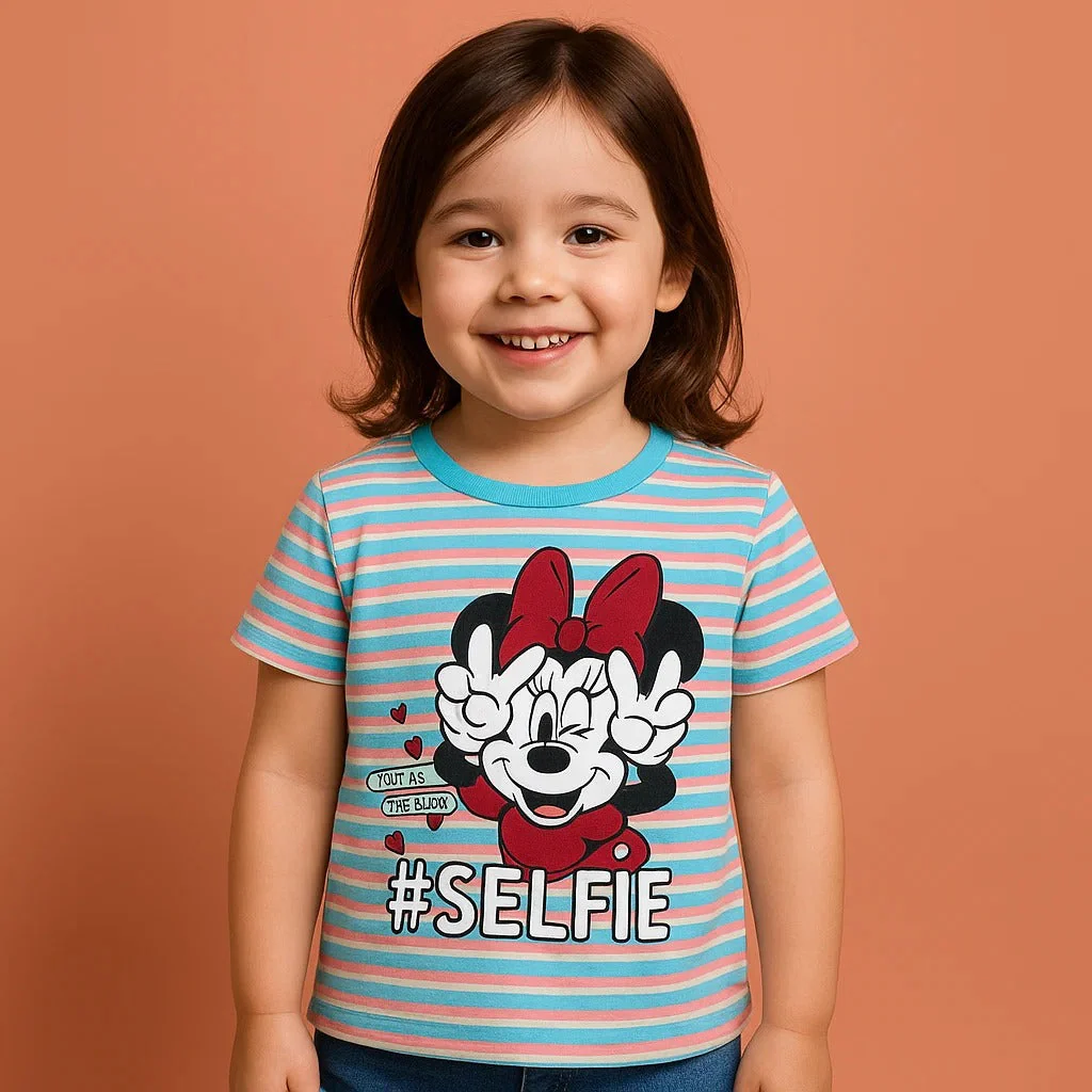 Kids Half-Sleeves T-Shirt Minnie Mouse Stripes Green - Mini Charm - Image 4