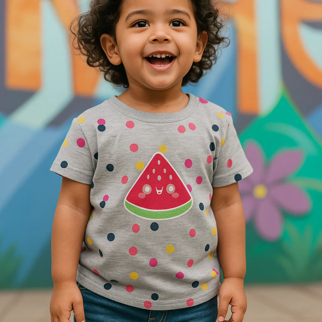 Kids Half-Sleeves T-Shirt Watermelon Polka Dots Grey - Mini Charm