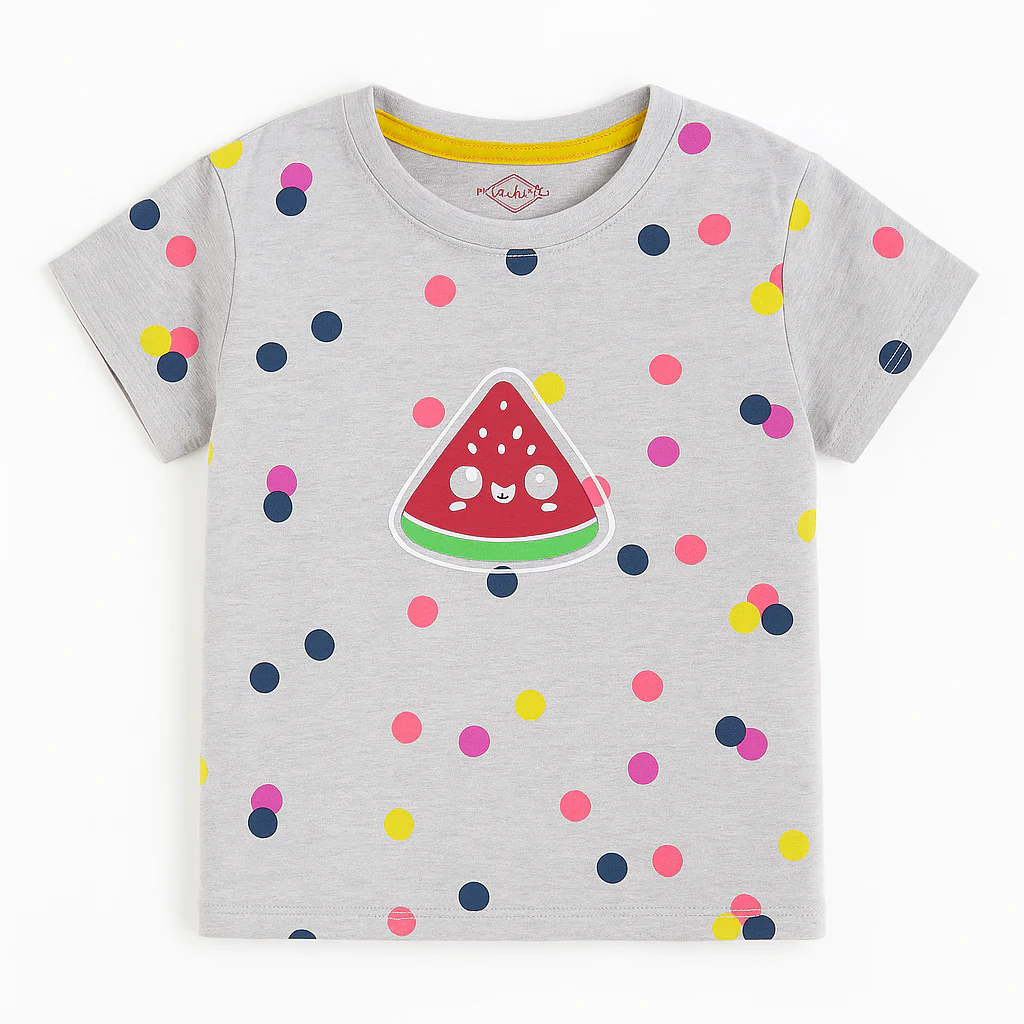 Kids Half-Sleeves T-Shirt Watermelon Polka Dots Grey - Mini Charm - Image 2