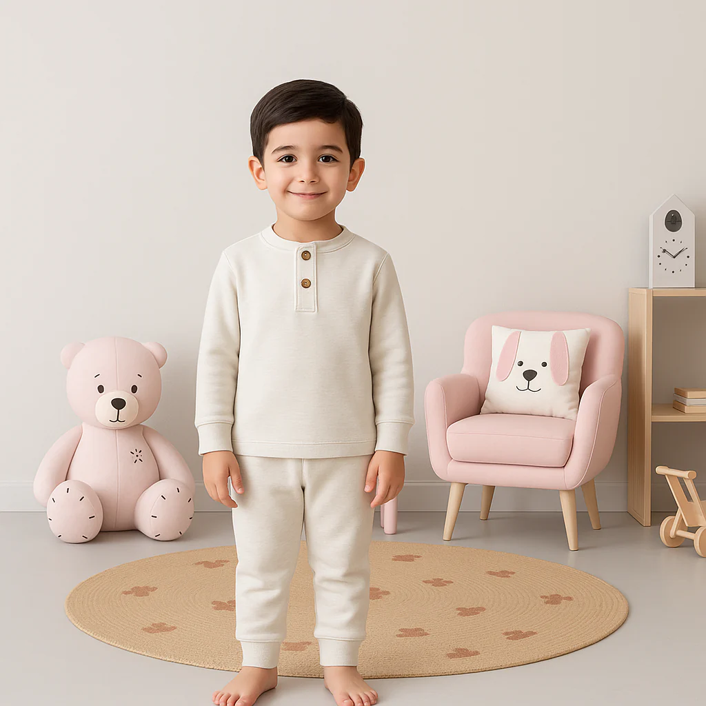 Kids Henley Pajama Set Heather Off White SW - Sunshine - Image 2