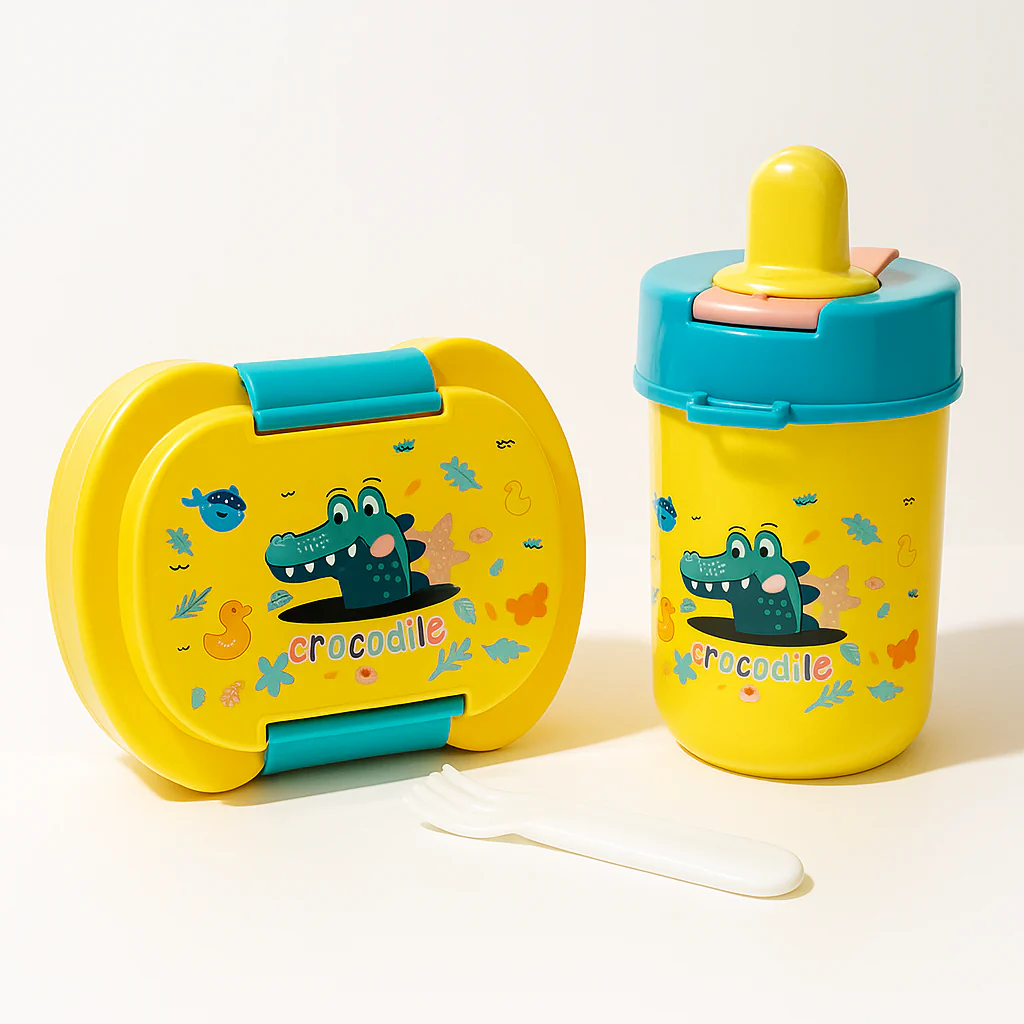 Kids Lunch Box & Water Bottle Set Crocodile Yellow & Pink - Sunshine