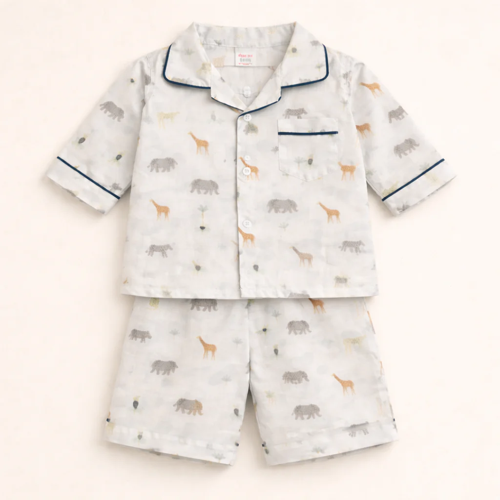 Kids Night Suit With Shorts Animals White - Oolaa