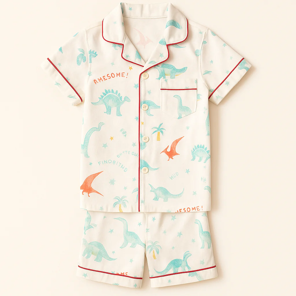 Kids Night Suit With Shorts Dinosaurs Sea Green - Mini Charm