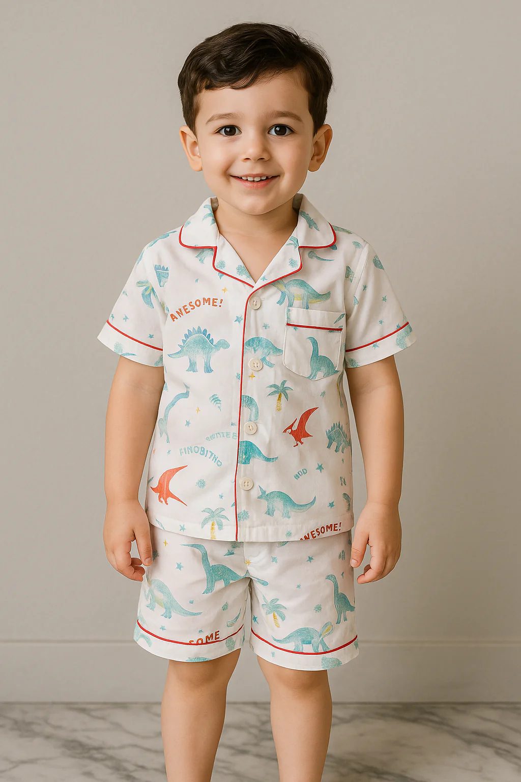 Kids Night Suit With Shorts Dinosaurs Sea Green - Mini Charm - Image 2