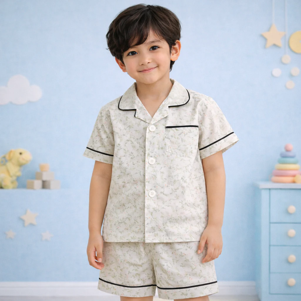 Kids Night Suit With Shorts Floral White - Oolaa - Image 2