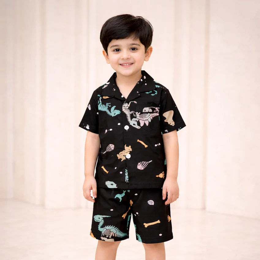 Kids Night Suit With Shorts Skeleton Black - Oolaa - Image 3