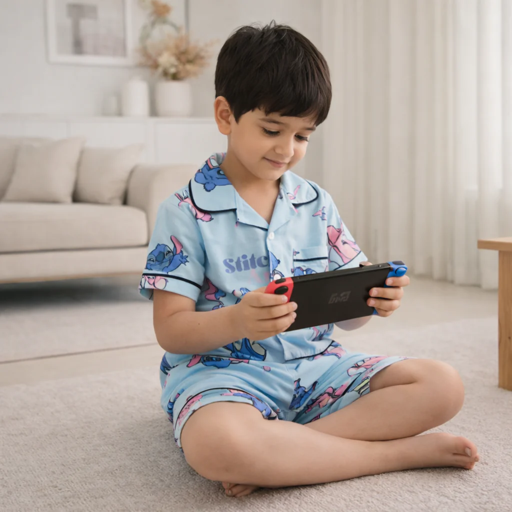 Kids Night Suit With Shorts Stitch Blue - Oolaa - Image 2