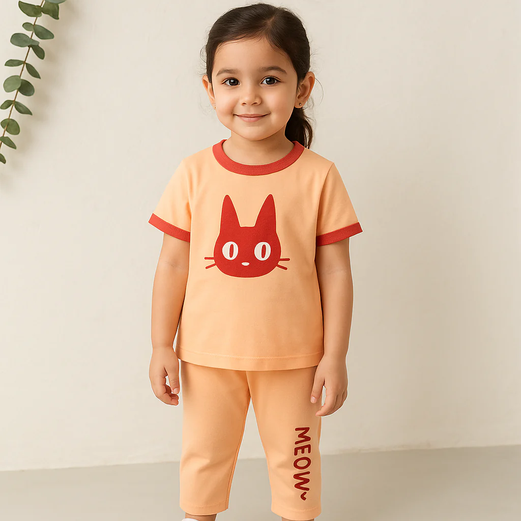 Kids Pajama Set Printed Cat Peach - Mini Charm - Image 3