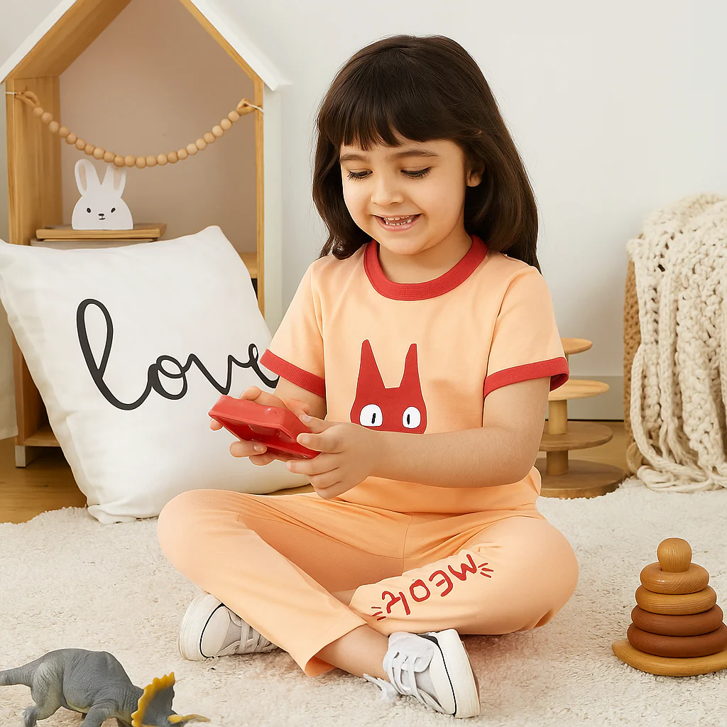 Kids Pajama Set Printed Cat Peach - Mini Charm - Image 4