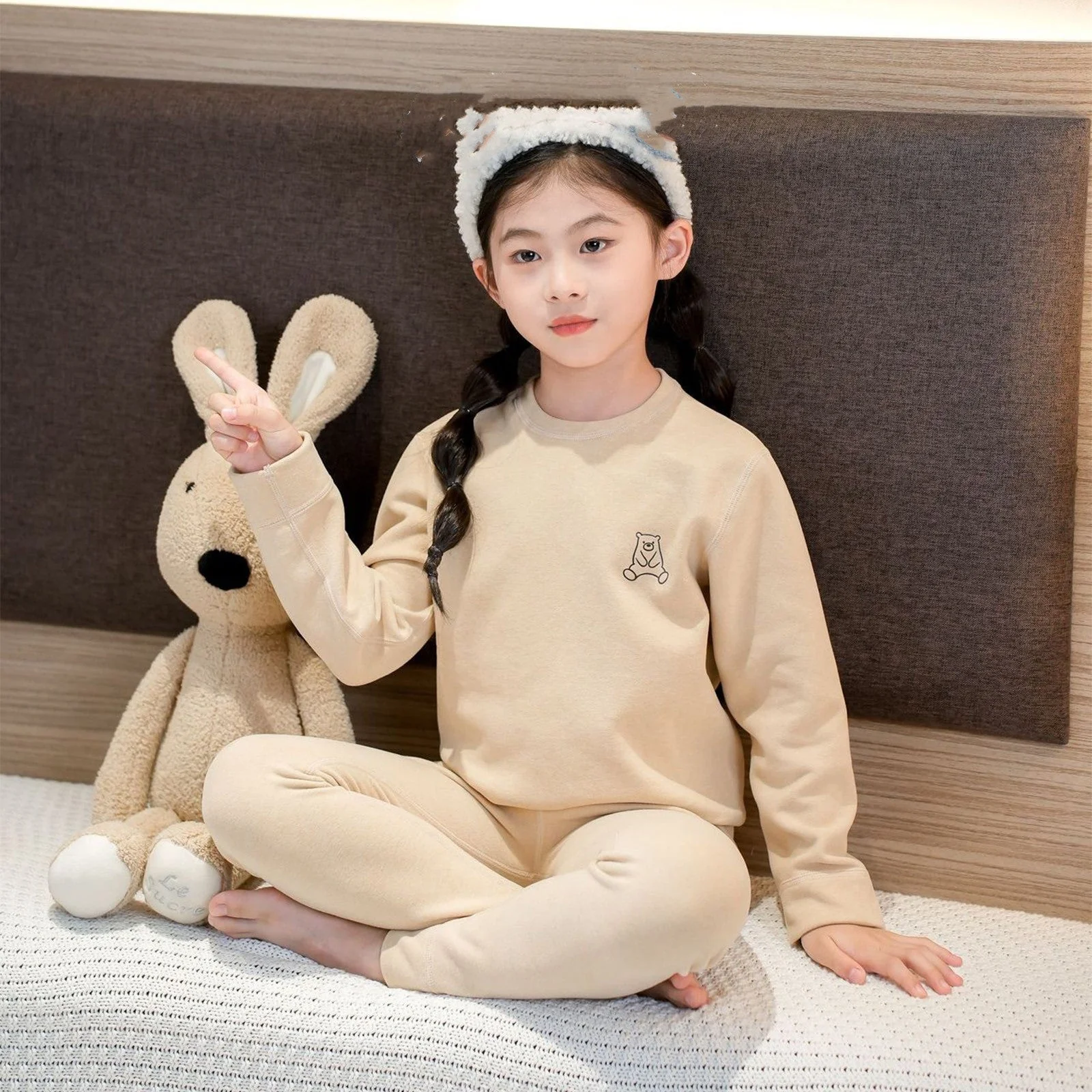 Kids Polyester Pajama Set Bear Beige - Sunshine - Image 4