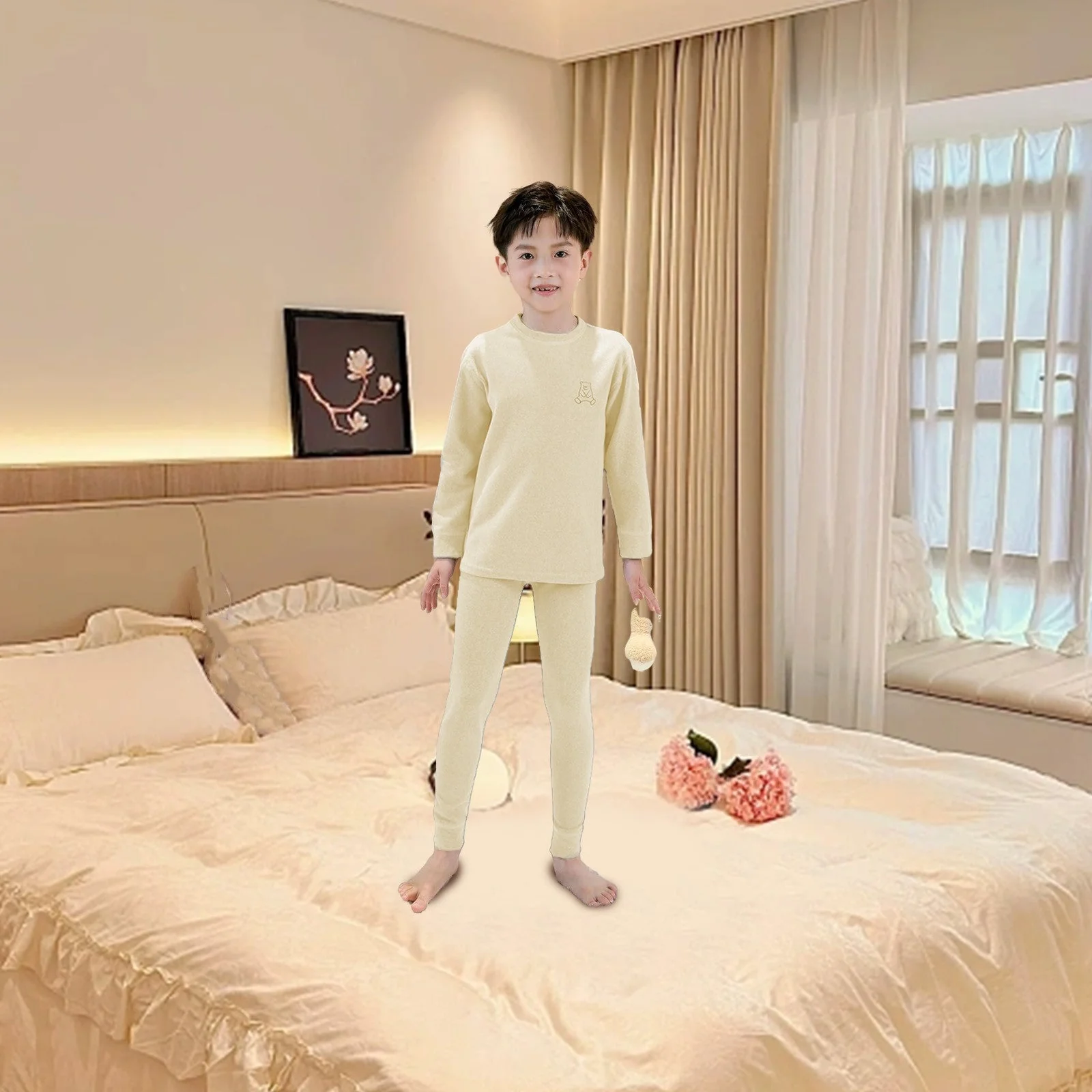 Kids Polyester Pajama Set Bear Beige - Sunshine - Image 5