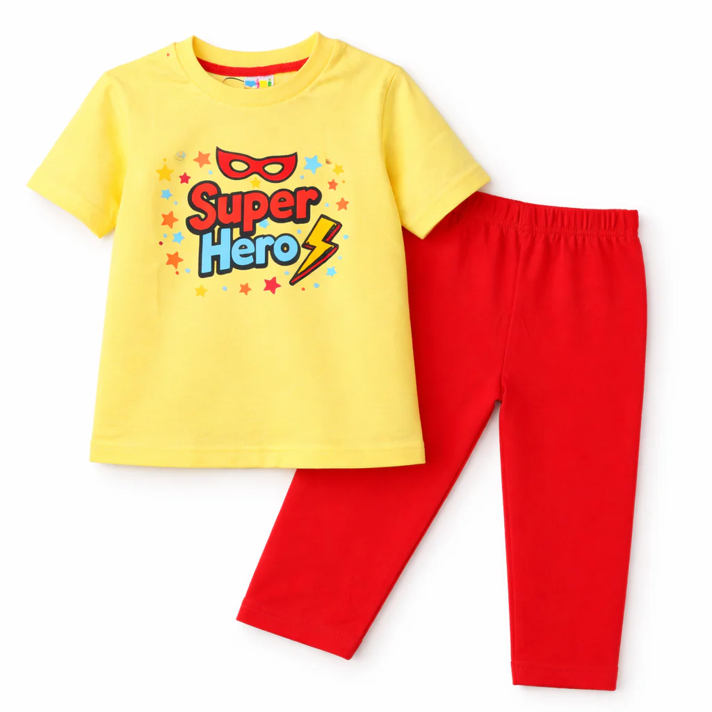 Kids Printed Cotton Half Sleeves Pajama Set Hero Yellow - Mini Charm