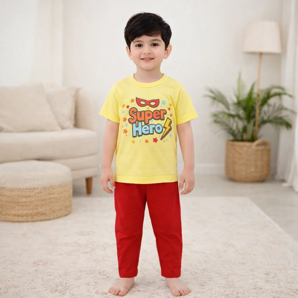 Kids Printed Cotton Half Sleeves Pajama Set Hero Yellow - Mini Charm - Image 2